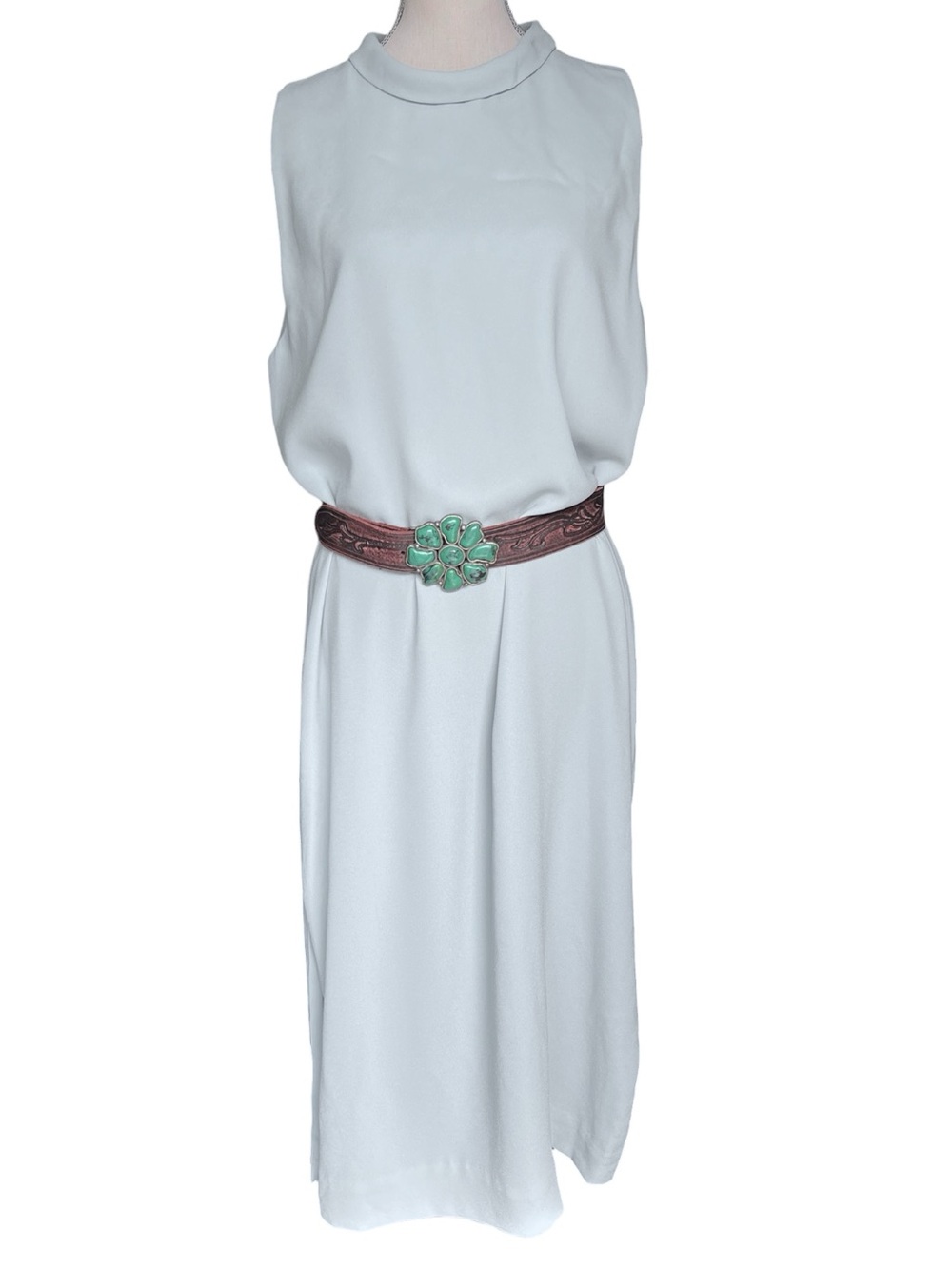 Babaton Seafoam Green Crepe Roll Mock Neck Sleeveless Side Slit Midi Dress (L)